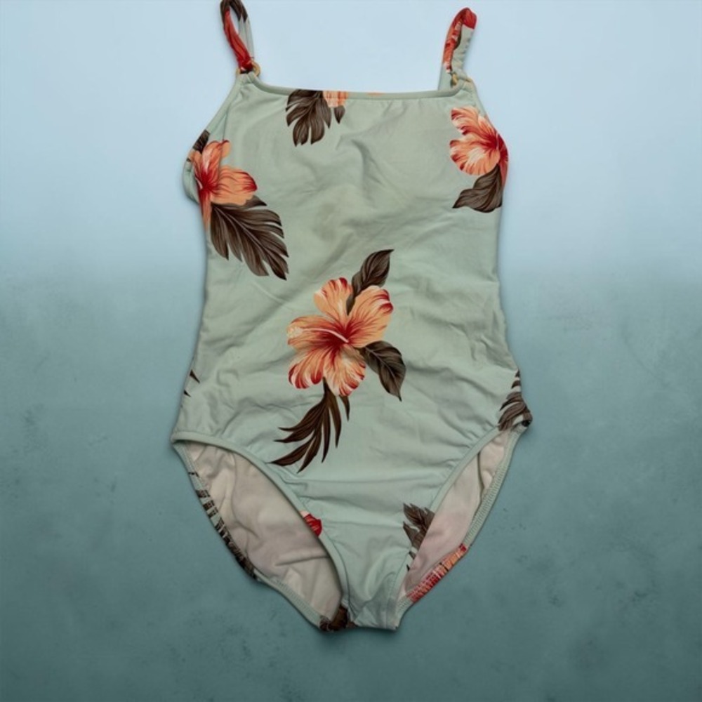 Leilani Hibiscus Floral One Piece Swimsuit Sage Green Coral Padded Size 8